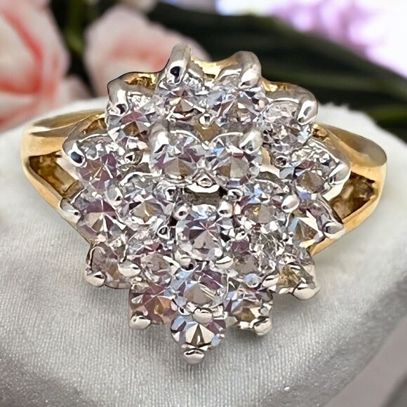 Vintage Ring Size 6 Cubic Zirconia Cluster Ring 14K Gold Plate Mid-Century 14G - Picture 6 of 11